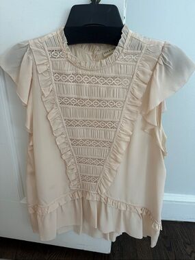 Ulla Johnson Blush Cream Lace-Trim Flutter Sleeve Top